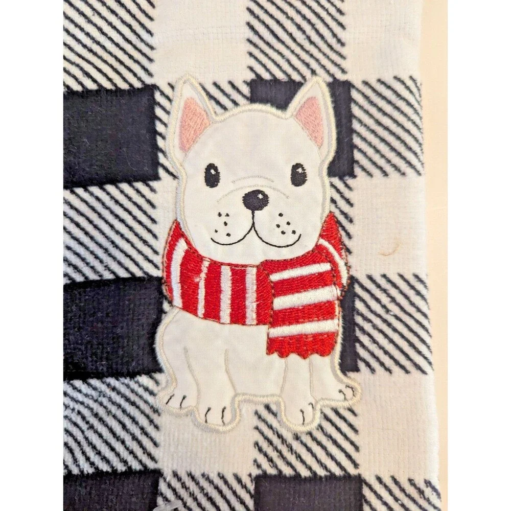 White English Bulldog Hand Towels 15x25 Embroidered Applique Buffalo Checks 2pc
